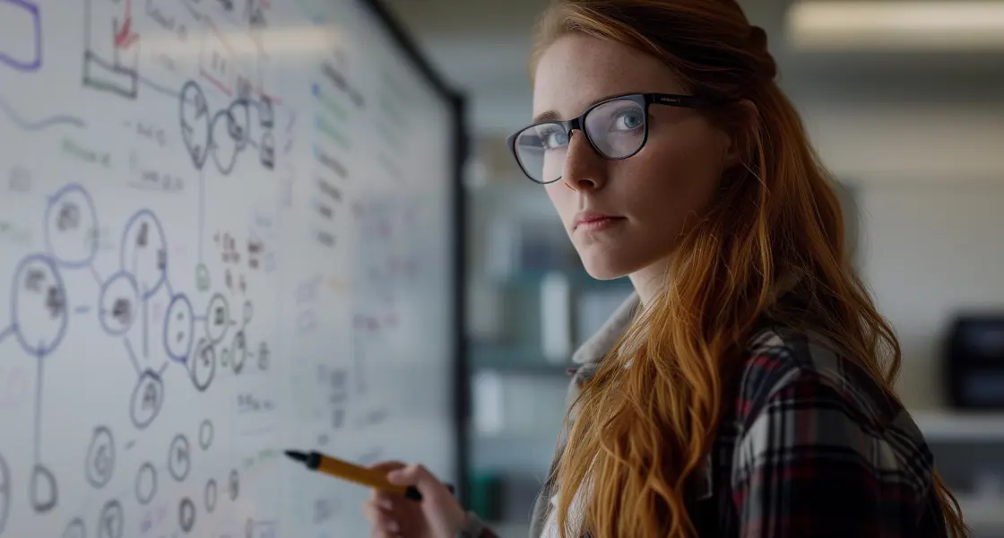 Stock image, scientist drawing on whiteboard