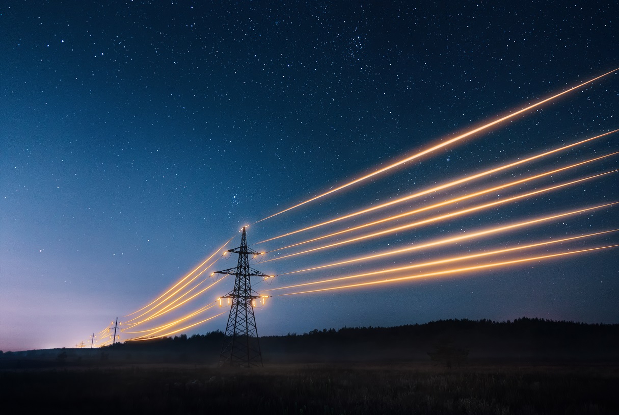 Electricity pylons at night